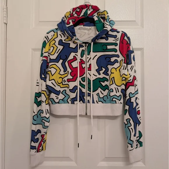 Alice + Olivia x Keith Haring Cropped Wide Sleeve Hoodie M Artsy Wearable Art - Picture 3 of 9